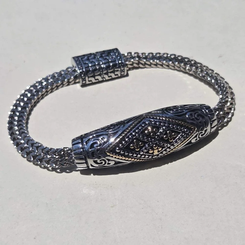 Stainless Steel Wheat Chain Bracelet 8.5 Inch Silver Gold Tone Ornate Magnetic